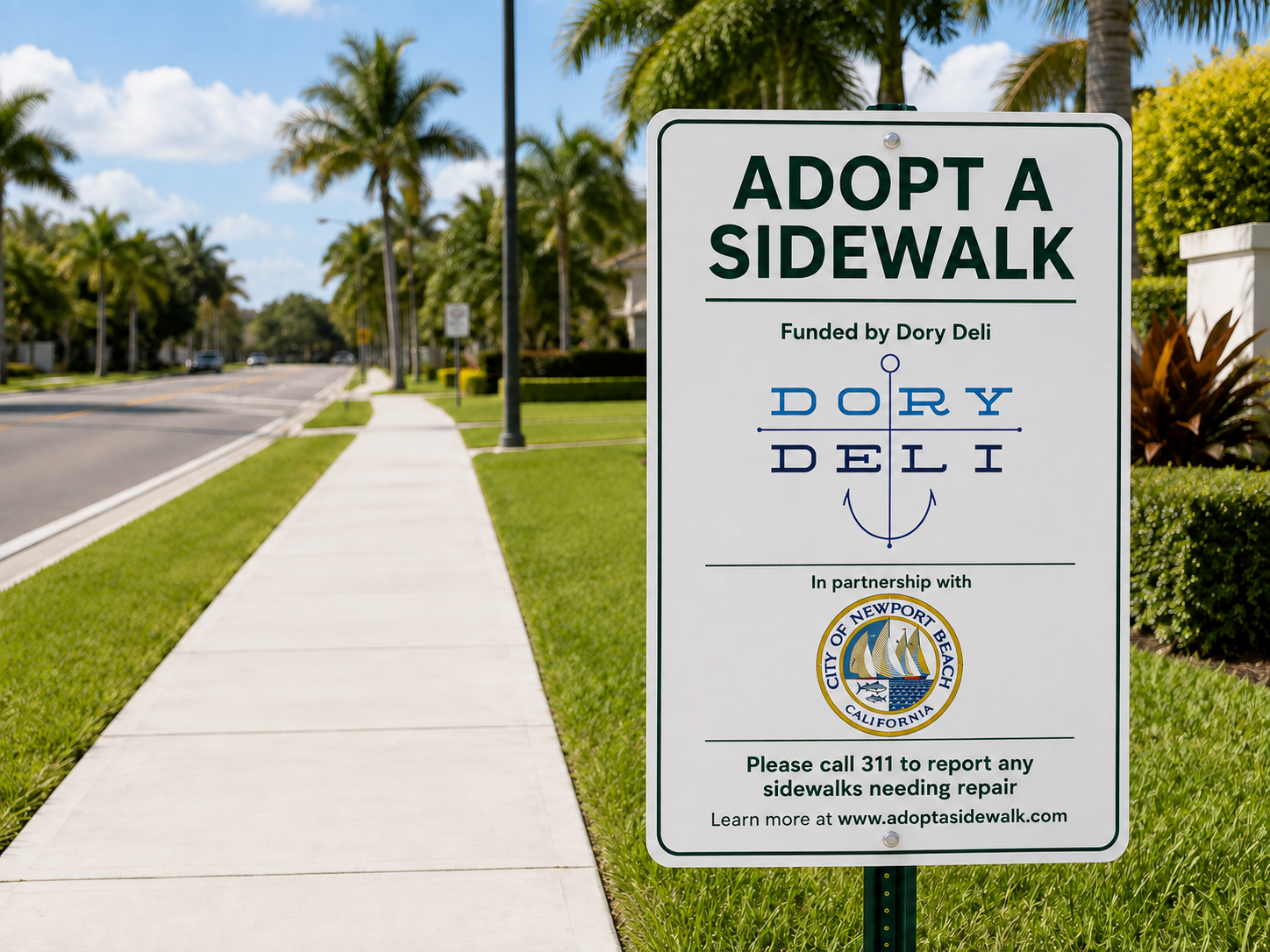 Example mockup: permanent roadside sign reading ADOPT A SIDEWALK beside a completed sidewalk, with an illustrative sponsor logo and a municipal seal