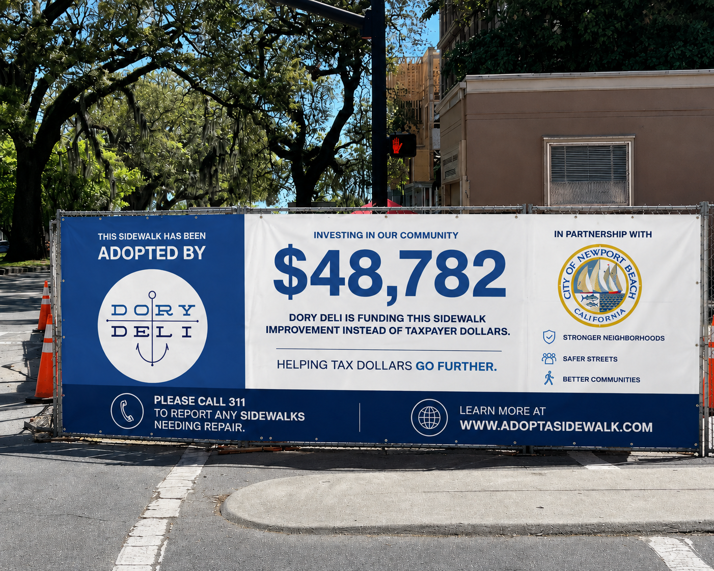 Example mockup: temporary construction fencing banner reading THIS SIDEWALK HAS BEEN ADOPTED BY, with an illustrative sponsor logo, a $48,782 investment figure and a municipal seal